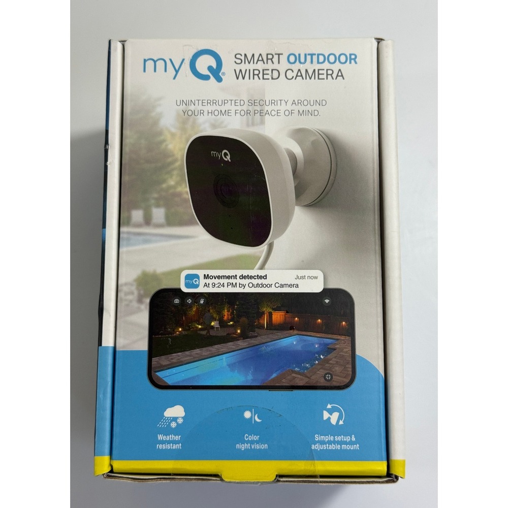 myQ Smart Outdoor Wired Camera Home Security OS White 1080p HD Night Vision‎